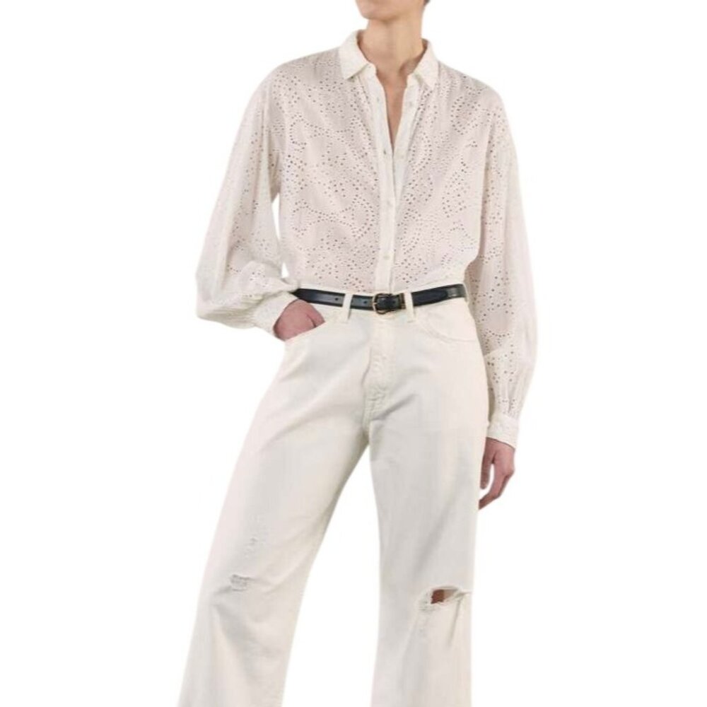 Nili Lotan Andree Cotton Eyelet Button-up Shirt In Ivory, Size L, NWT